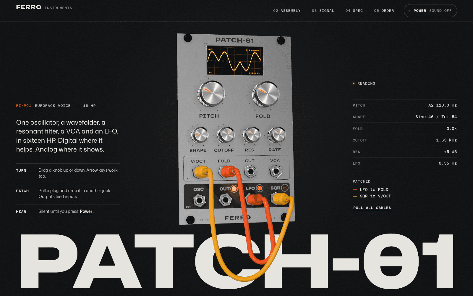 PATCH-01 by Ferro Instruments: A Eurorack voice you can play in the page: turn it, patch it, take it apart, hear it.