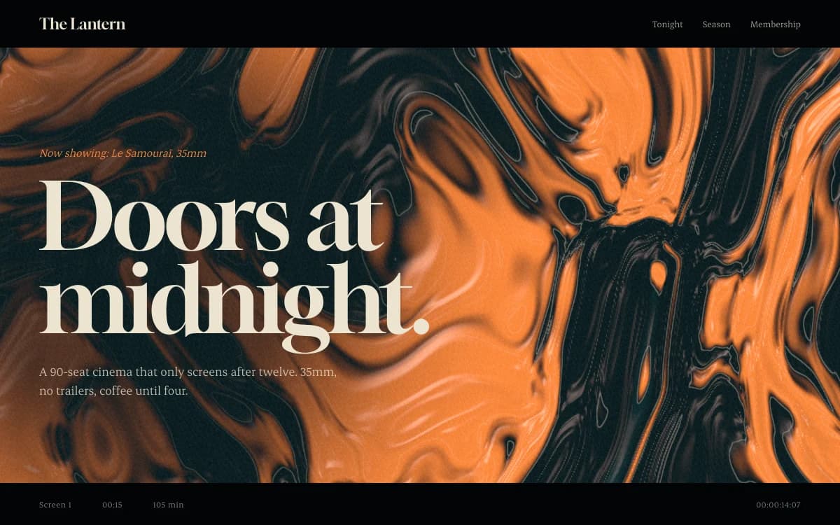 Cinematic Noir specimen: Graded like a film still: deep teal or midnight grounds, a single warm light, sharp serif titles, scenes that unfold as you scroll.