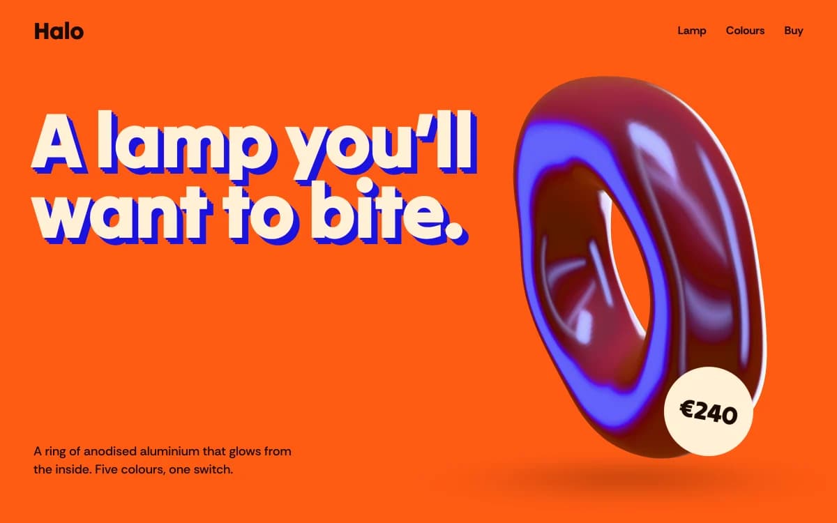 Dimensional Pop specimen: Faux-3D type and glossy objects on hot grounds — a product launch that behaves like a toy.