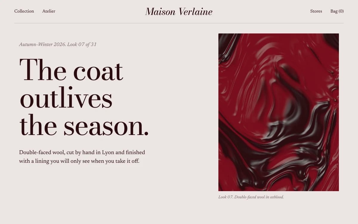 Editorial Luxe specimen: A fashion-magazine spread: Didone display at extreme sizes, literate serif text, quiet colour and a lot of air.