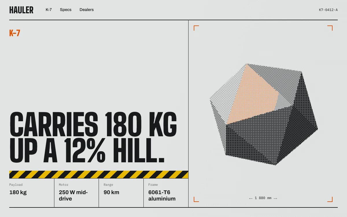 Industrial Spec Sheet specimen: Tolerances, part numbers and safety orange. The site reads like an engineering datasheet for something you want.